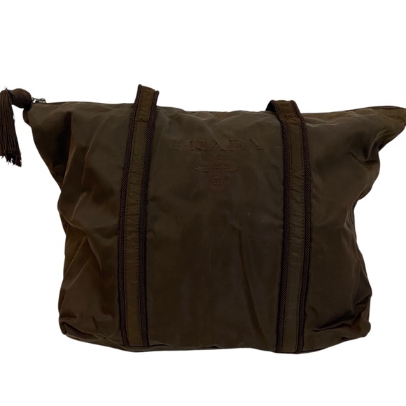 Prada Tessuto Nylon Zip Tote Bag – Chocolate Brown, Embroidered Logo + Tassel - Picture 14 of 15